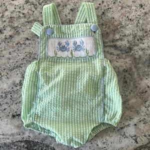 Smocked Polkadot brand onesie cross back adjustable strap 18m green stripe crabs